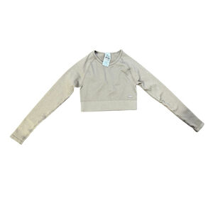 Lilias Active Ribbed Long Sleeve Crop Top Small Beige